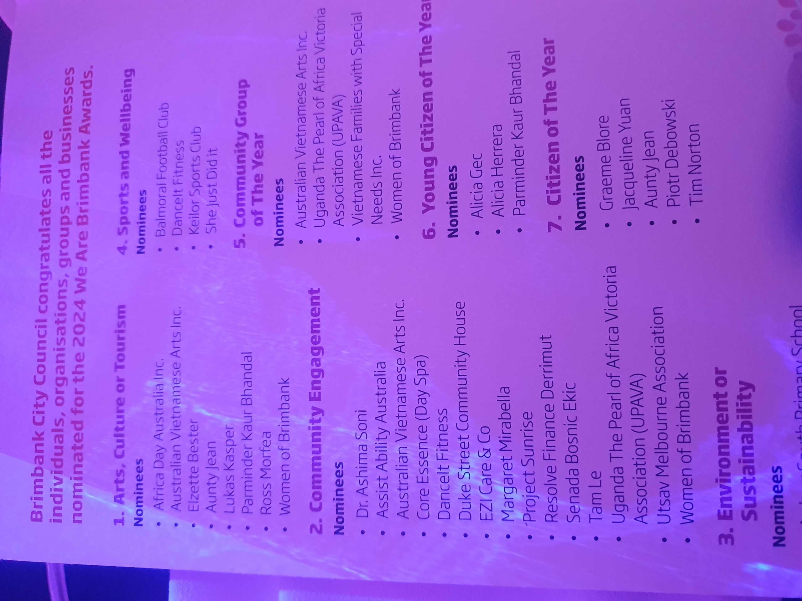 We Are Brimbank Awards 2024 nominees board showing Project Sunrise in the Community Engagement category